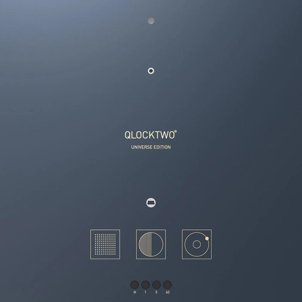 Midnight blue clock dial with QLOCKTWO Earth 45 Universe Edition text and icon controls