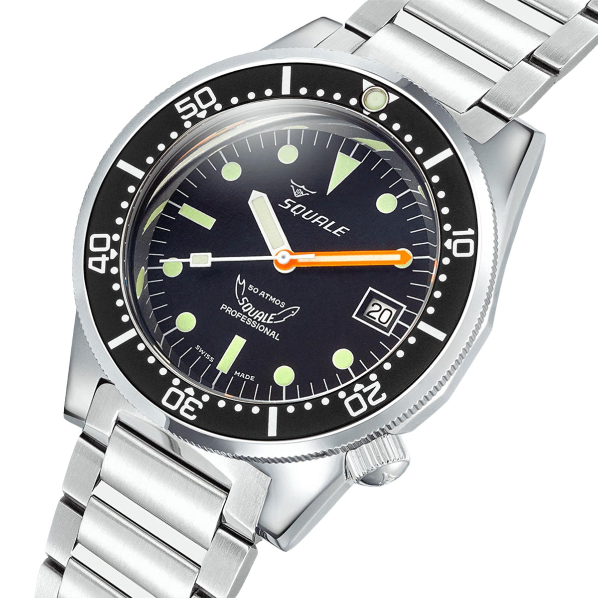 Men's steel automatic diver watch with black dial, luminous markers, orange second hand, date