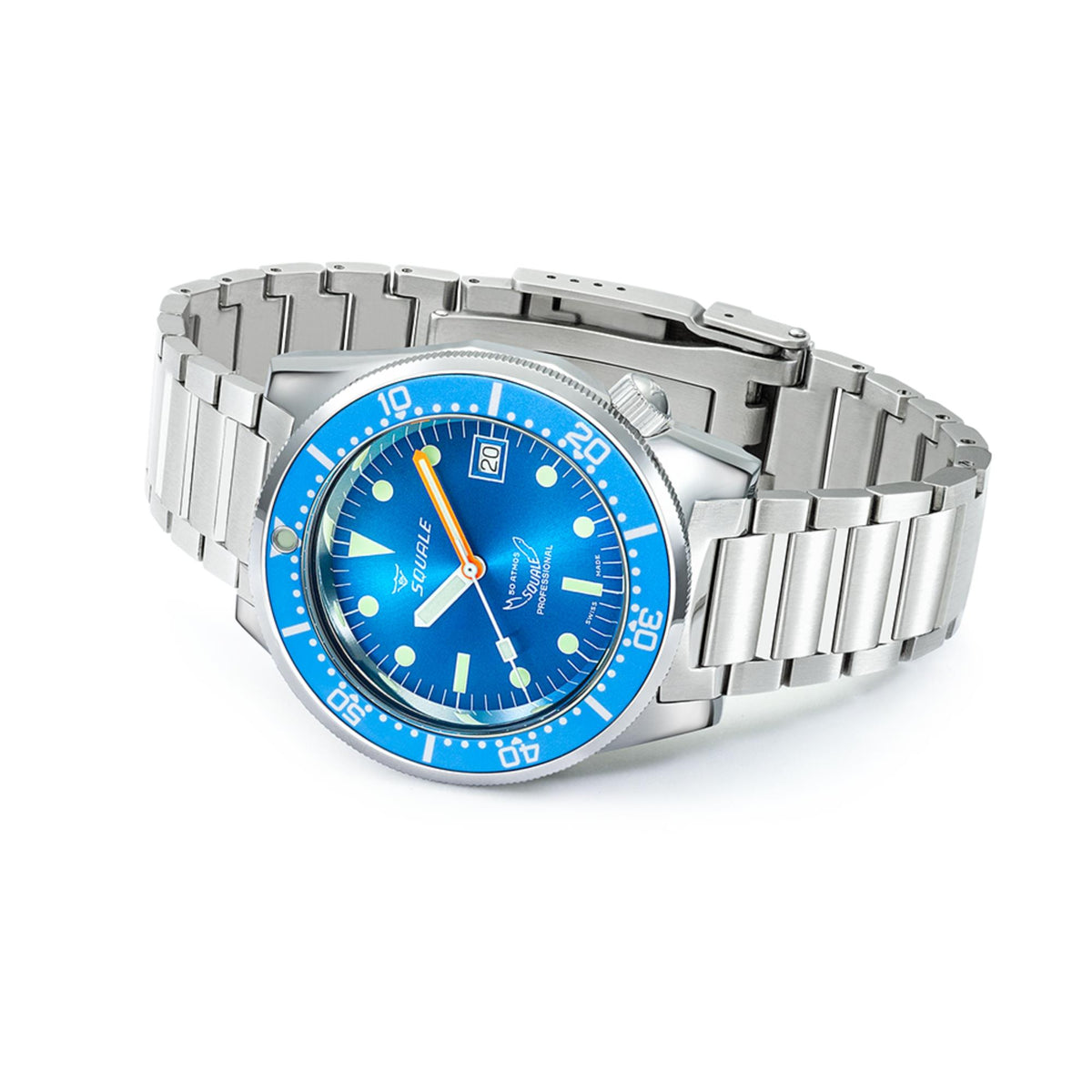 Men's Squale 1521 automatic wristwatch with blue dial, steel bracelet, and rotating bezel.