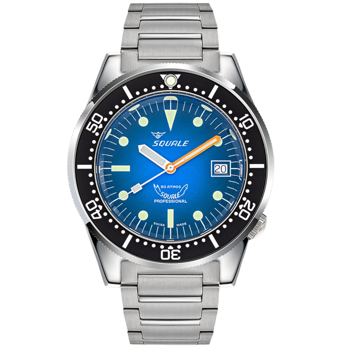 Men's steel automatic dive watch with blue dial, orange hands, and black bezel