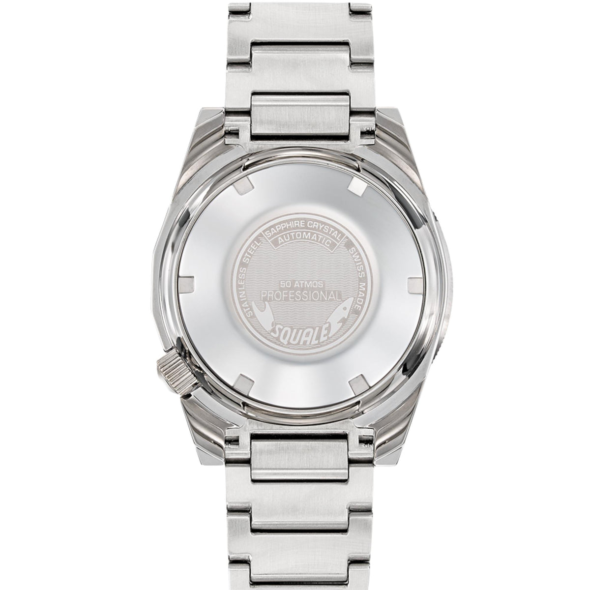 Stainless steel automatic wristwatch with brushed case back and engraved markings