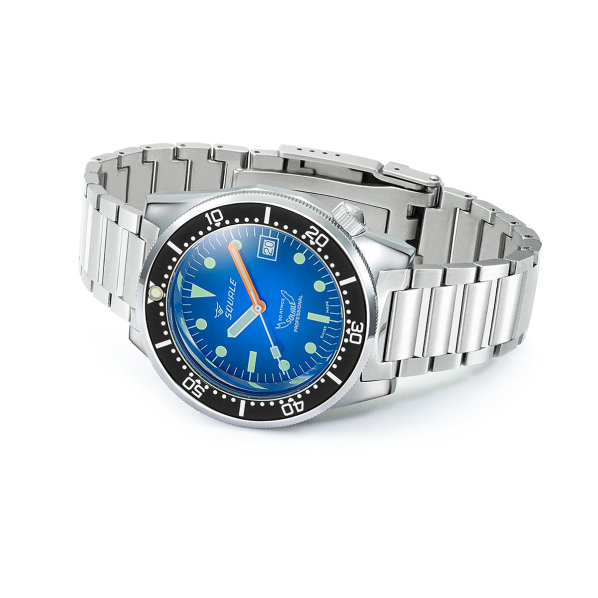 Stainless steel sports watch with blue dial, black bezel, and metal link bracelet