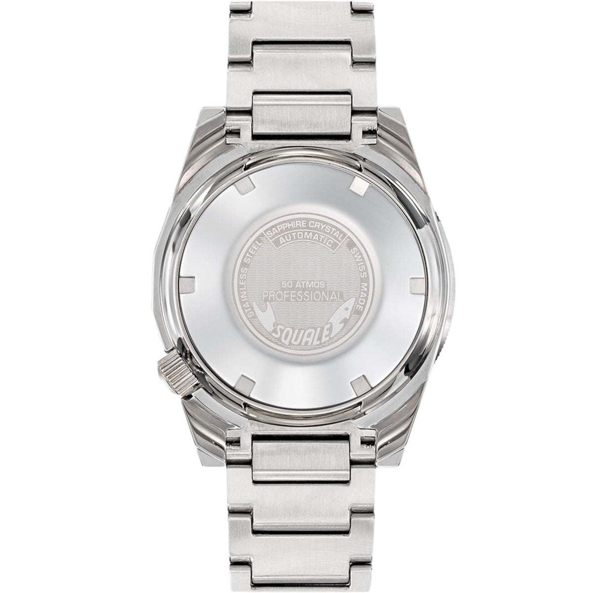 Steel automatic watch with engraved case back and linked metal bracelet