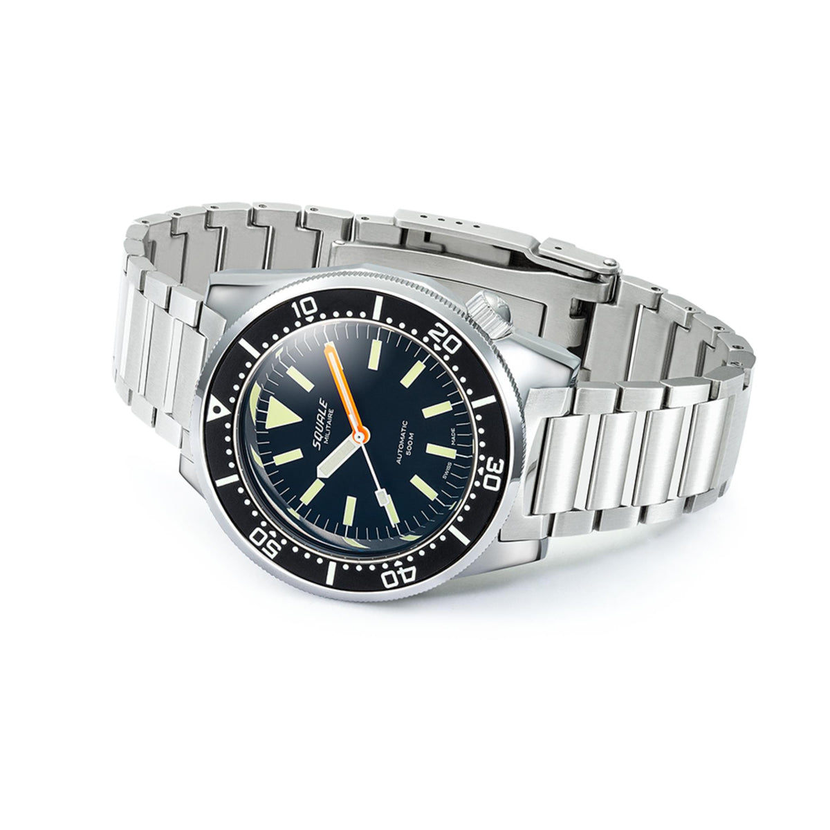 Steel bracelet diver watch side view with black dial, luminous markers, and bezel