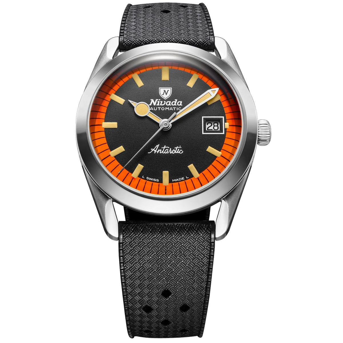 Men's automatic watch with black dial, orange bezel accents, date window, black rubber strap