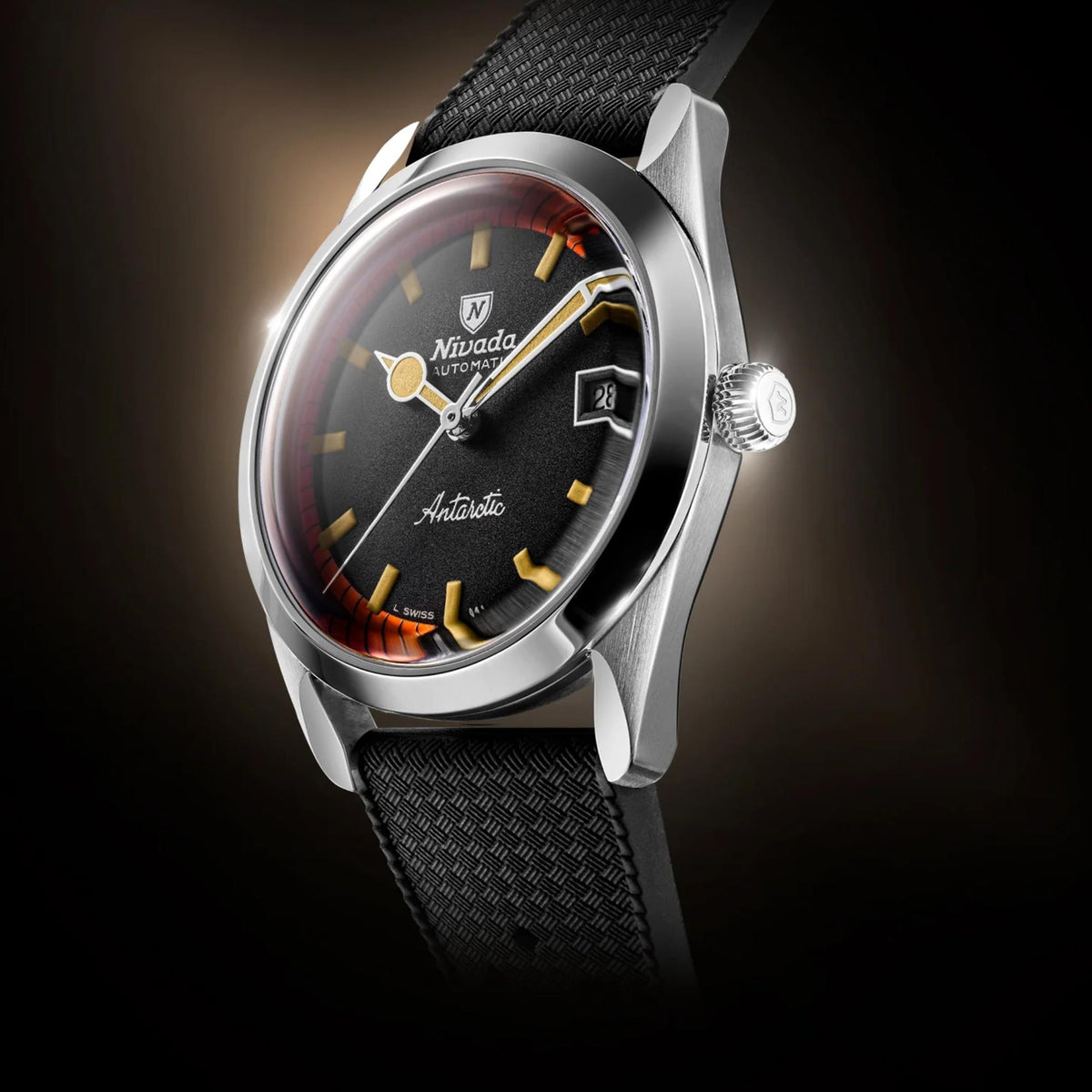 Men's automatic watch with black dial, orange trim, date window, black textured rubber strap