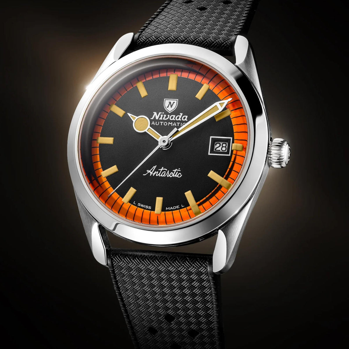 Men's automatic watch with black dial, orange bezel ring, date window, black rubber strap