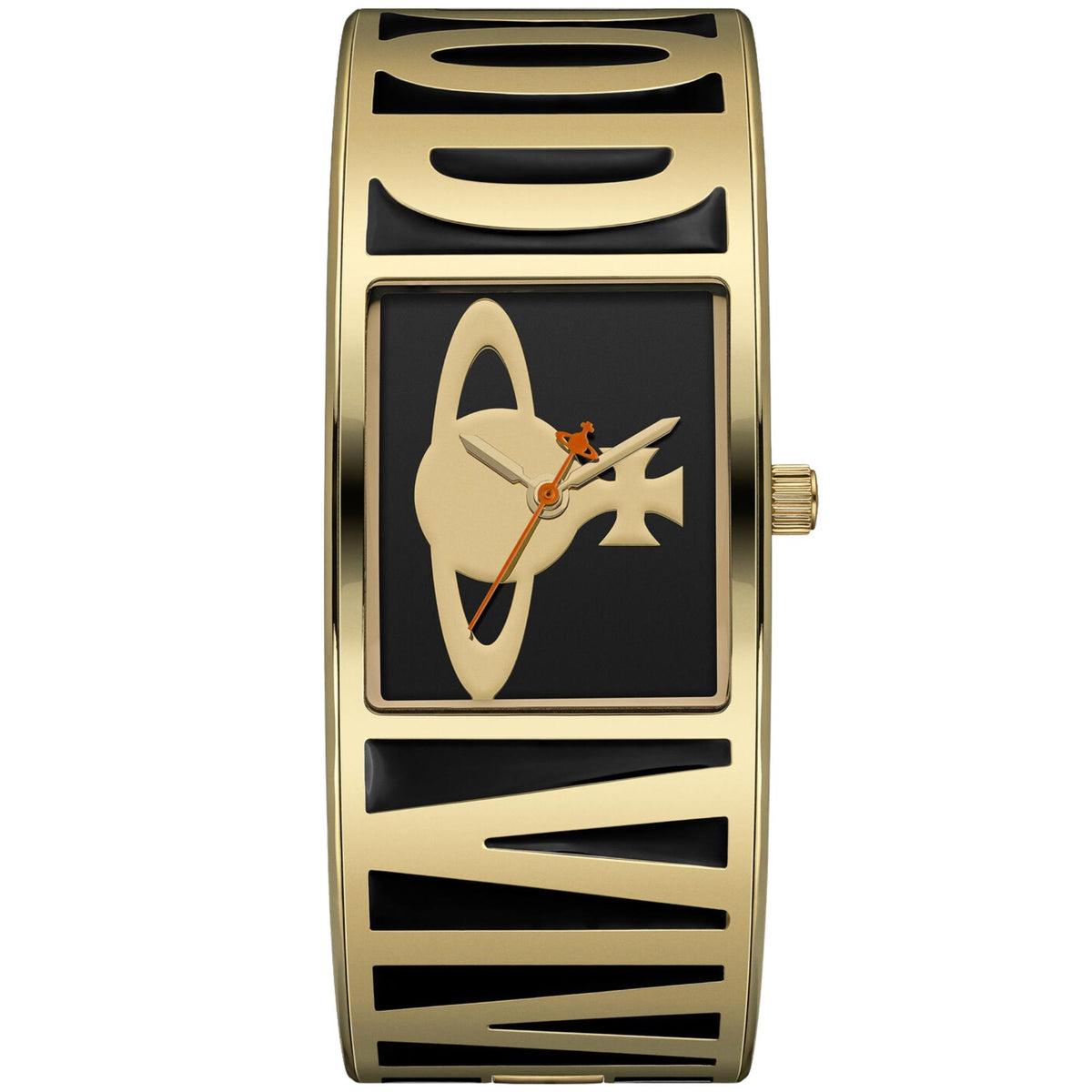 Gold-tone metal watch with black dial, horse motif, and orange hands