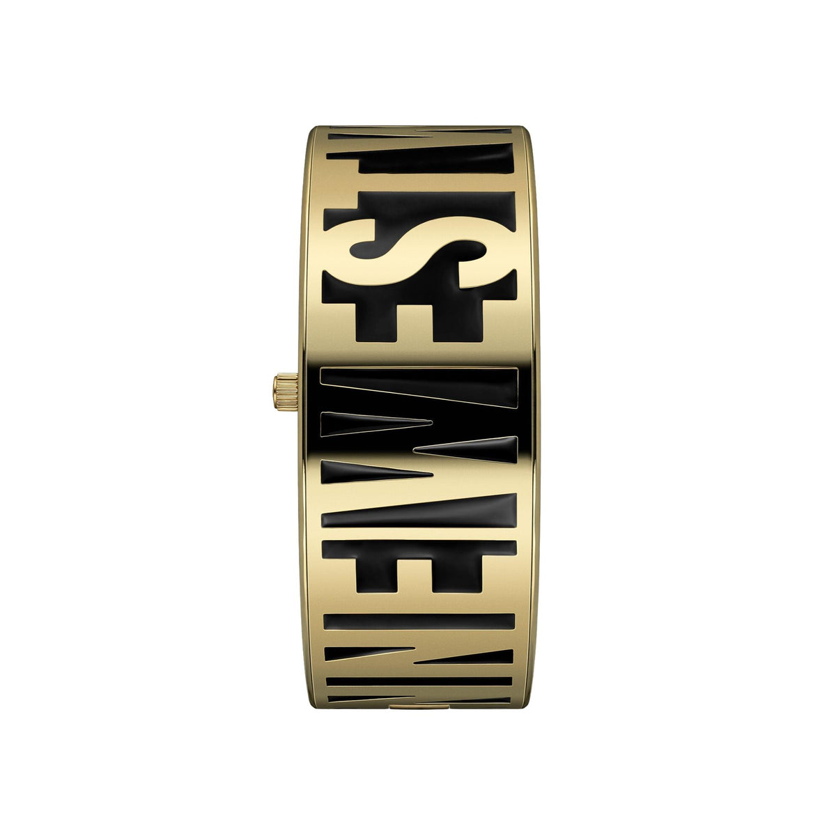 Gold-tone metal watch bracelet with black inset, sculpted lettering detail