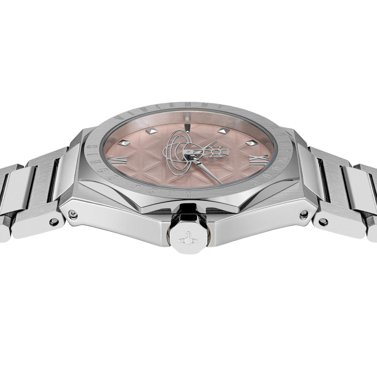 Side profile of Vivienne Westwood Aldgate VV344PPKSL ladies watch displaying an octagonal bezel and stainless steel case with crown