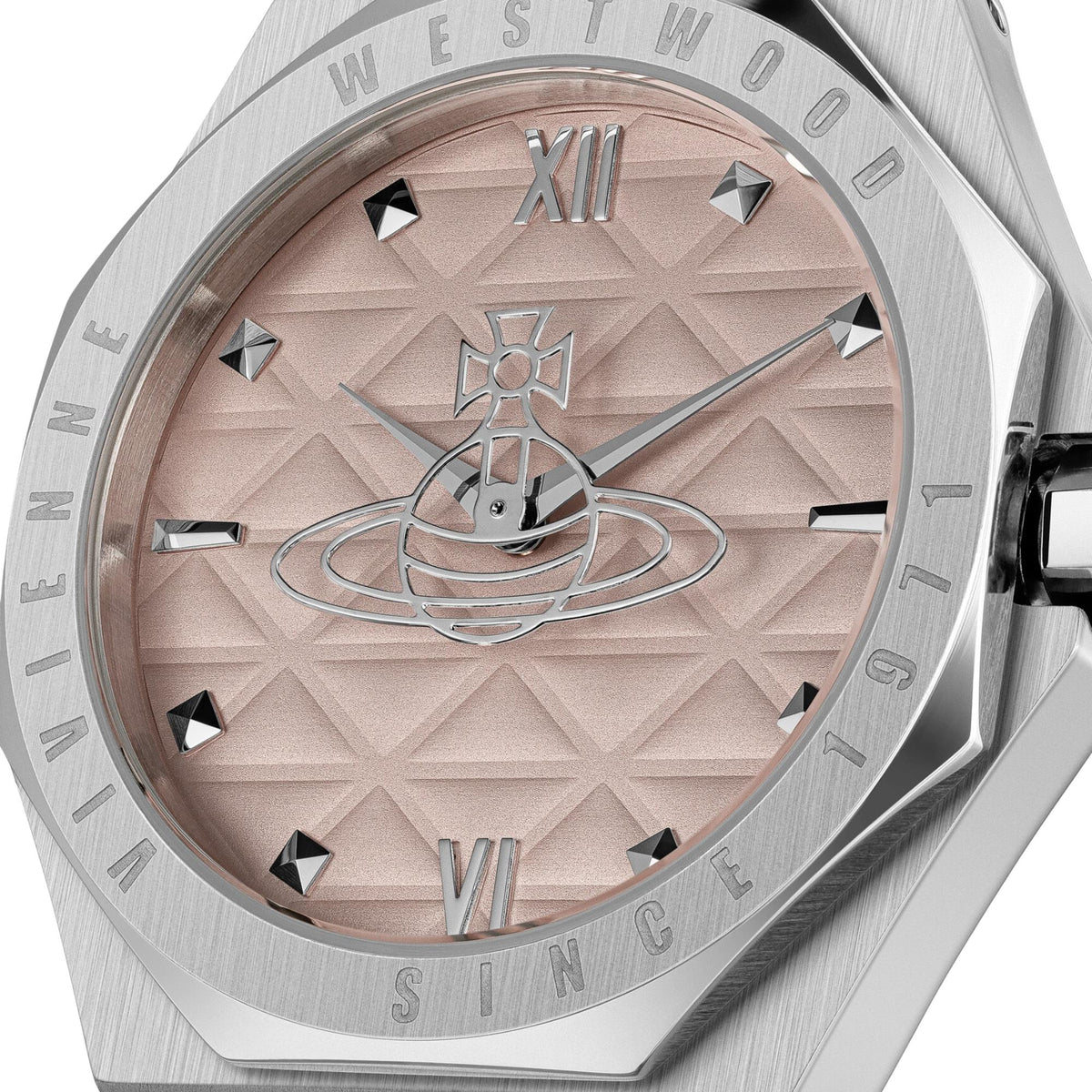 Detailed view of Vivienne Westwood Aldgate VV344PPKSL womens watch highlighting patterned pink dial with orb emblem and stud markers