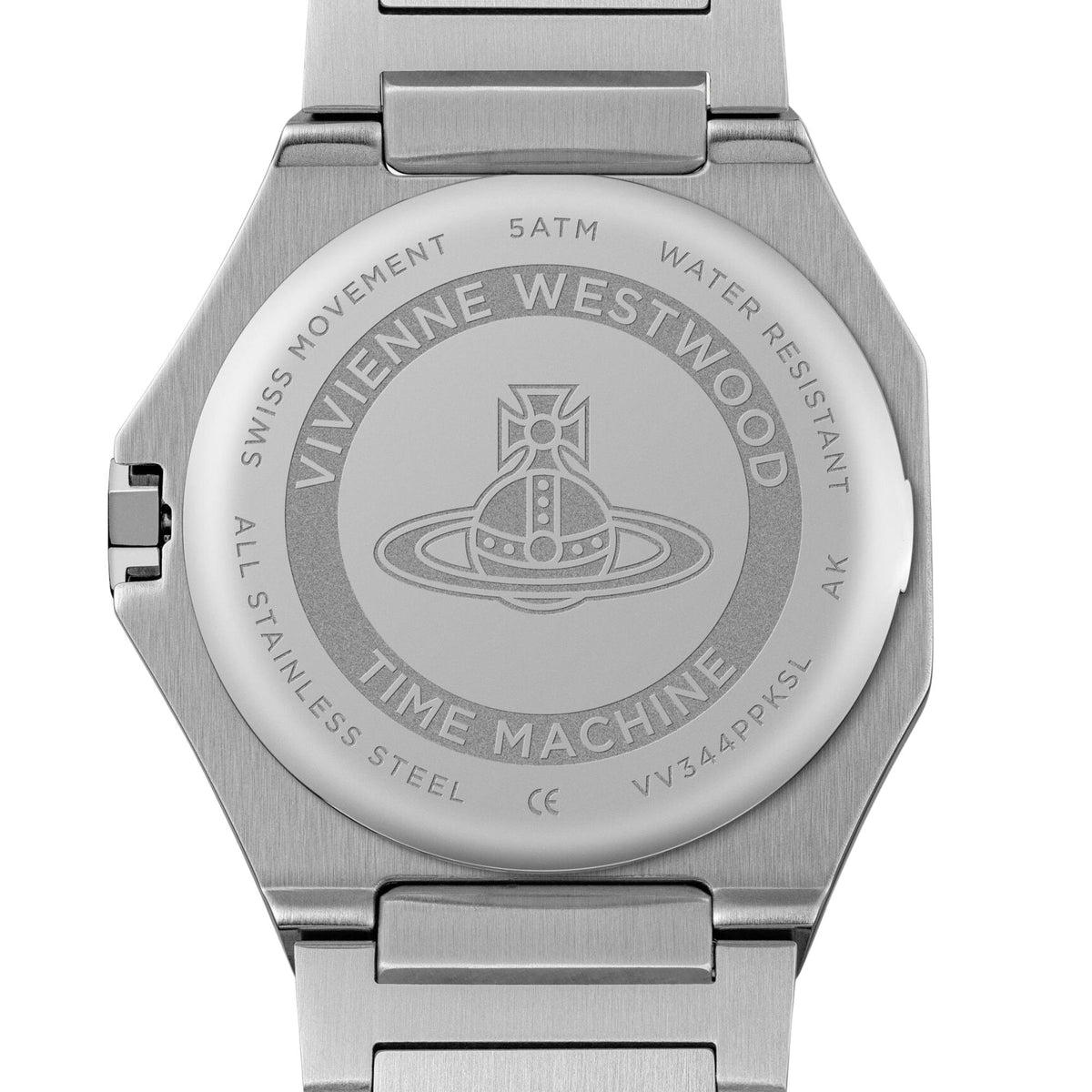 Rear view of Vivienne Westwood Aldgate VV344PPKSL ladies watch displaying engraved stainless steel case back with orb logo