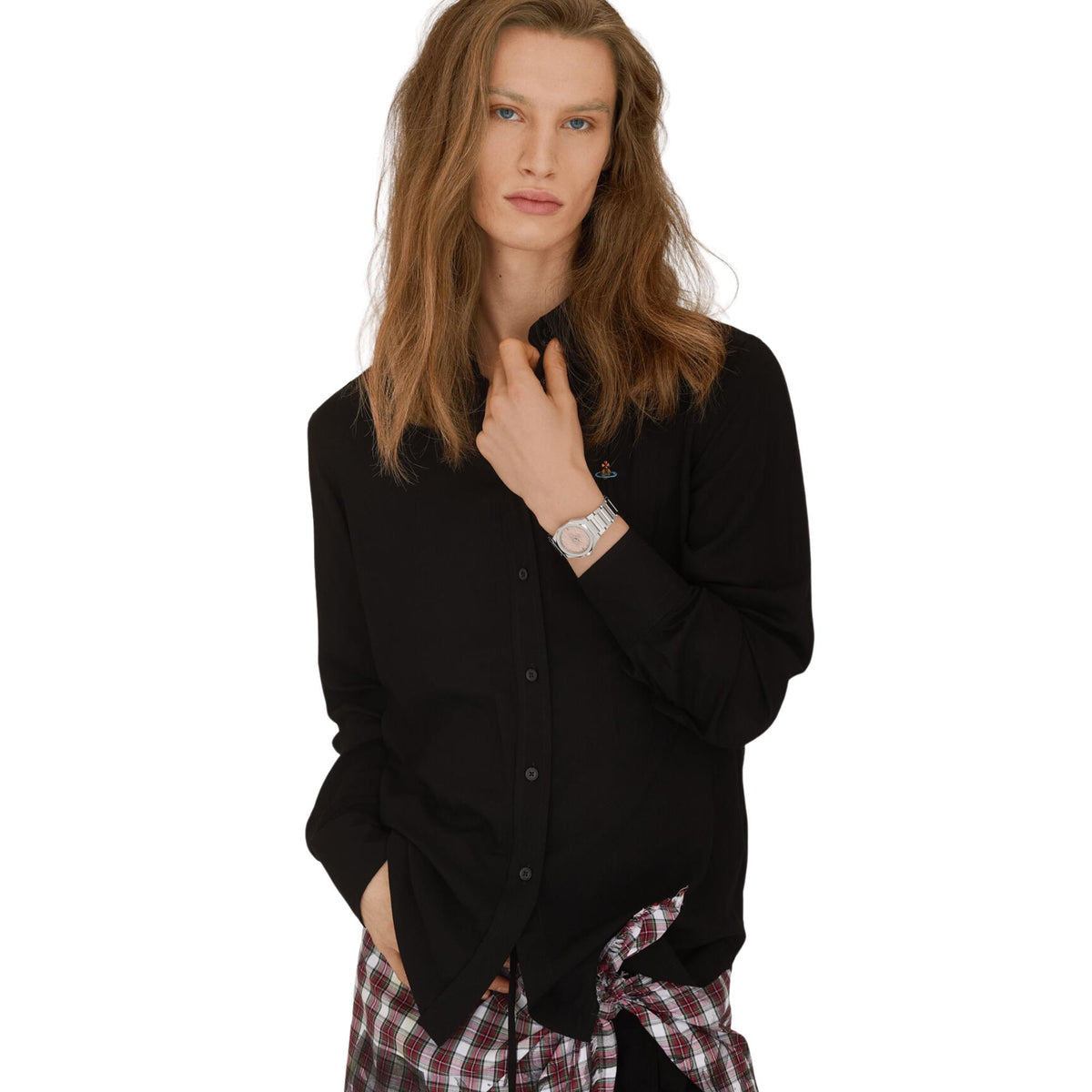 Model wearing Vivienne Westwood Aldgate VV344PPKSL ladies pink dial stainless steel wrist watch