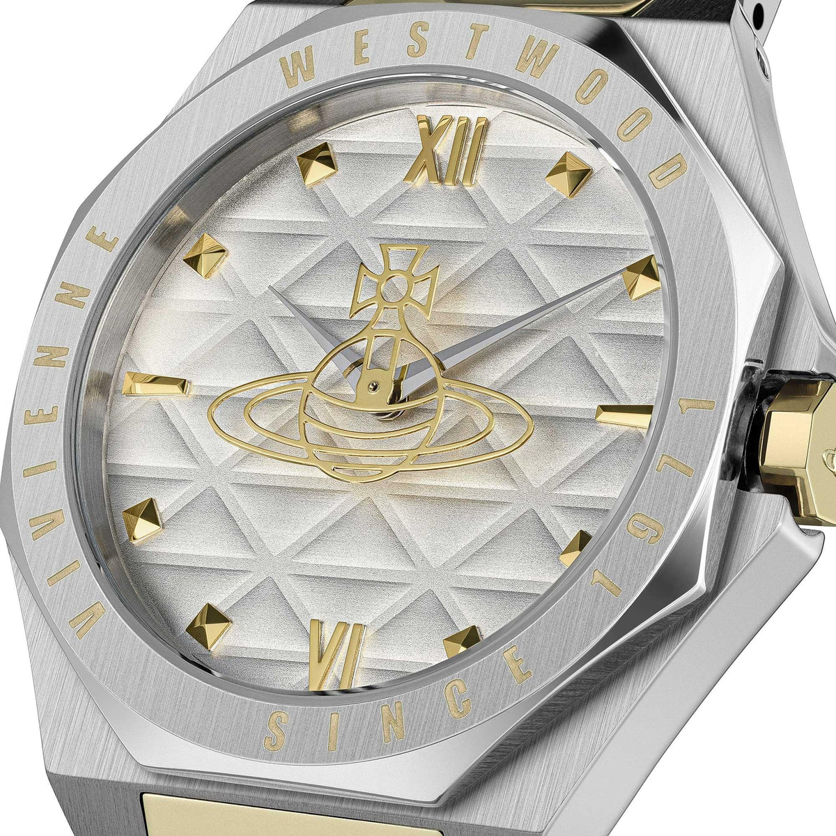 Silver dial ladies quartz watch with gold Roman numerals, orb emblem, and markers