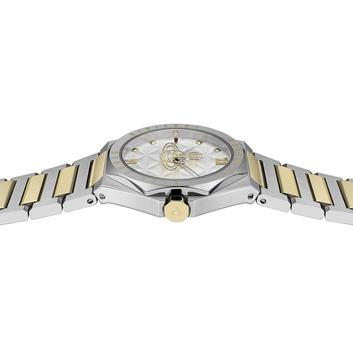 Two-tone steel watch with gold-capped crown and alternating bracelet links