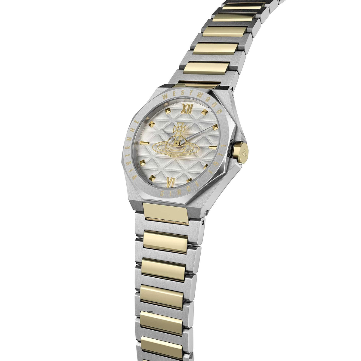 Silver and gold link bracelet ladies quartz watch with silver dial and Roman numerals