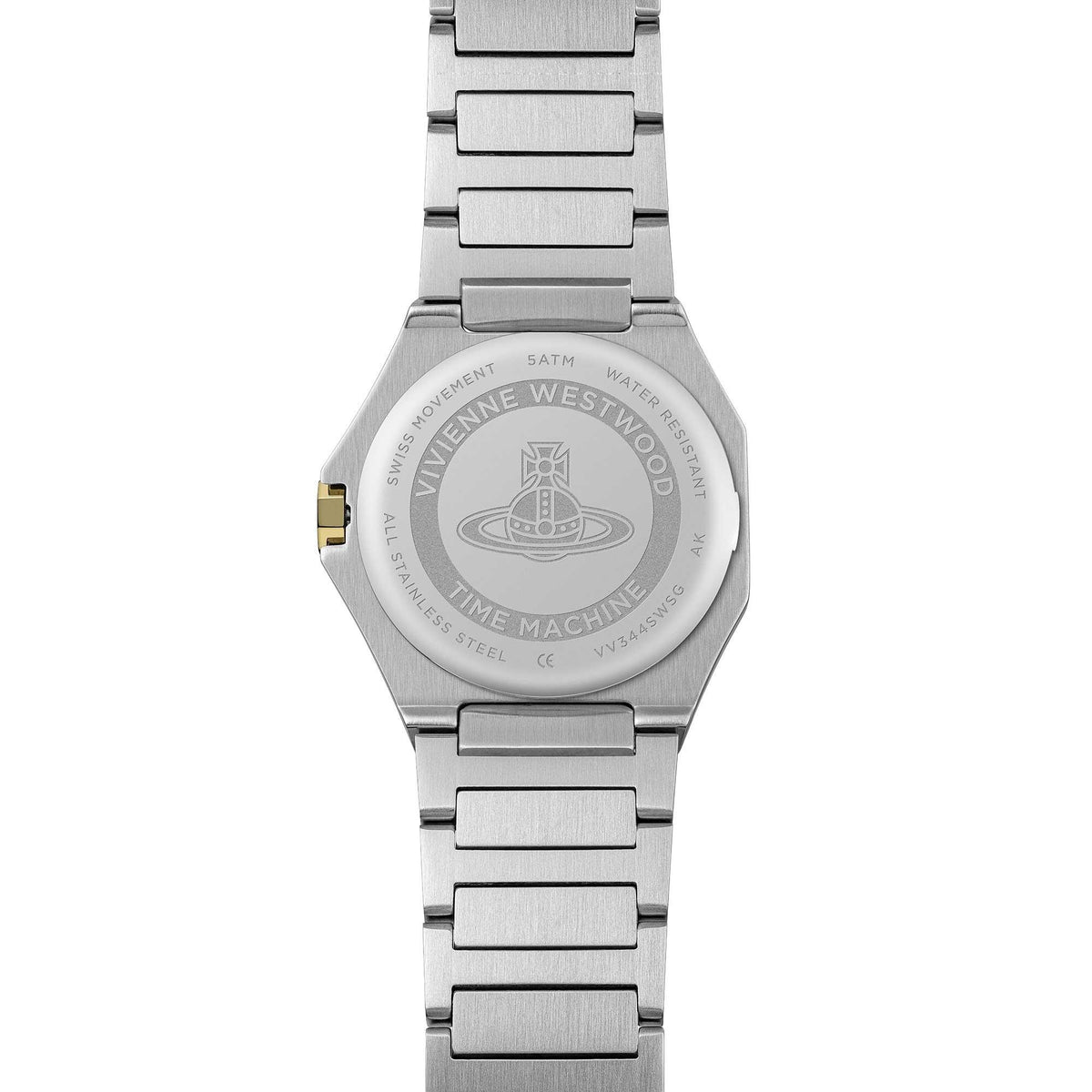 Stainless steel watch caseback with engraved branding and two-tone bracelet
