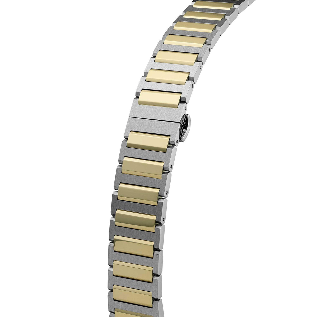 Two-tone steel watch bracelet with alternating gold and silver rectangular links