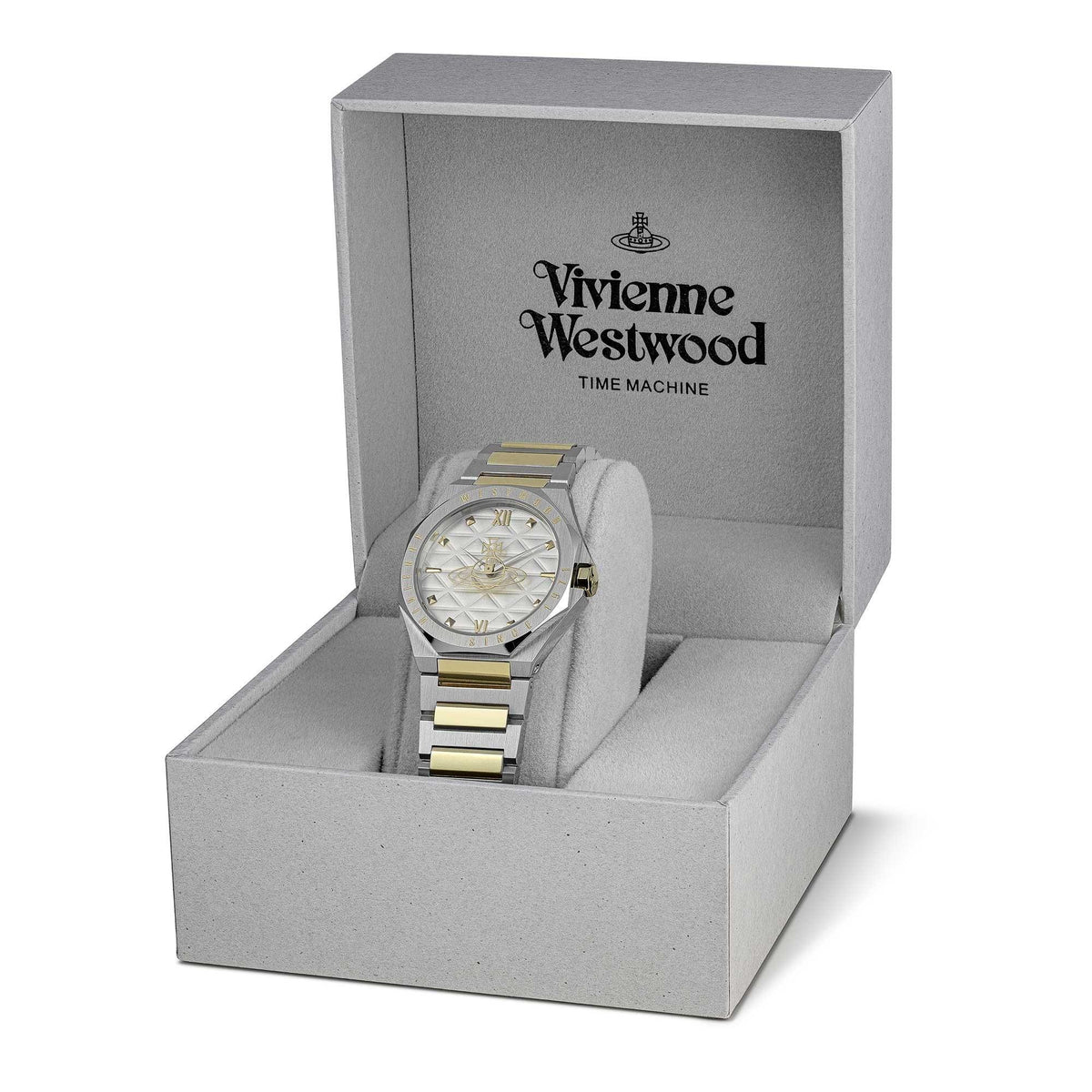 Vivienne Westwood watch in box with two-tone bracelet and silver dial