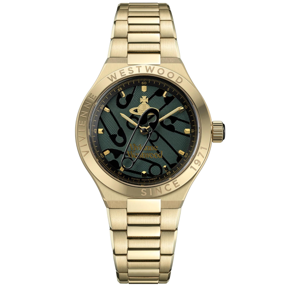 Gold-tone stainless steel quartz watch with dark green dial and gold hands, 37mm