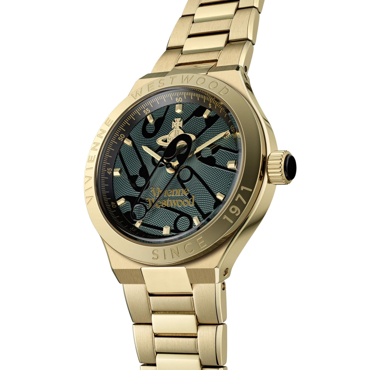 Gold-tone stainless steel watch with dark green patterned dial and gold hands