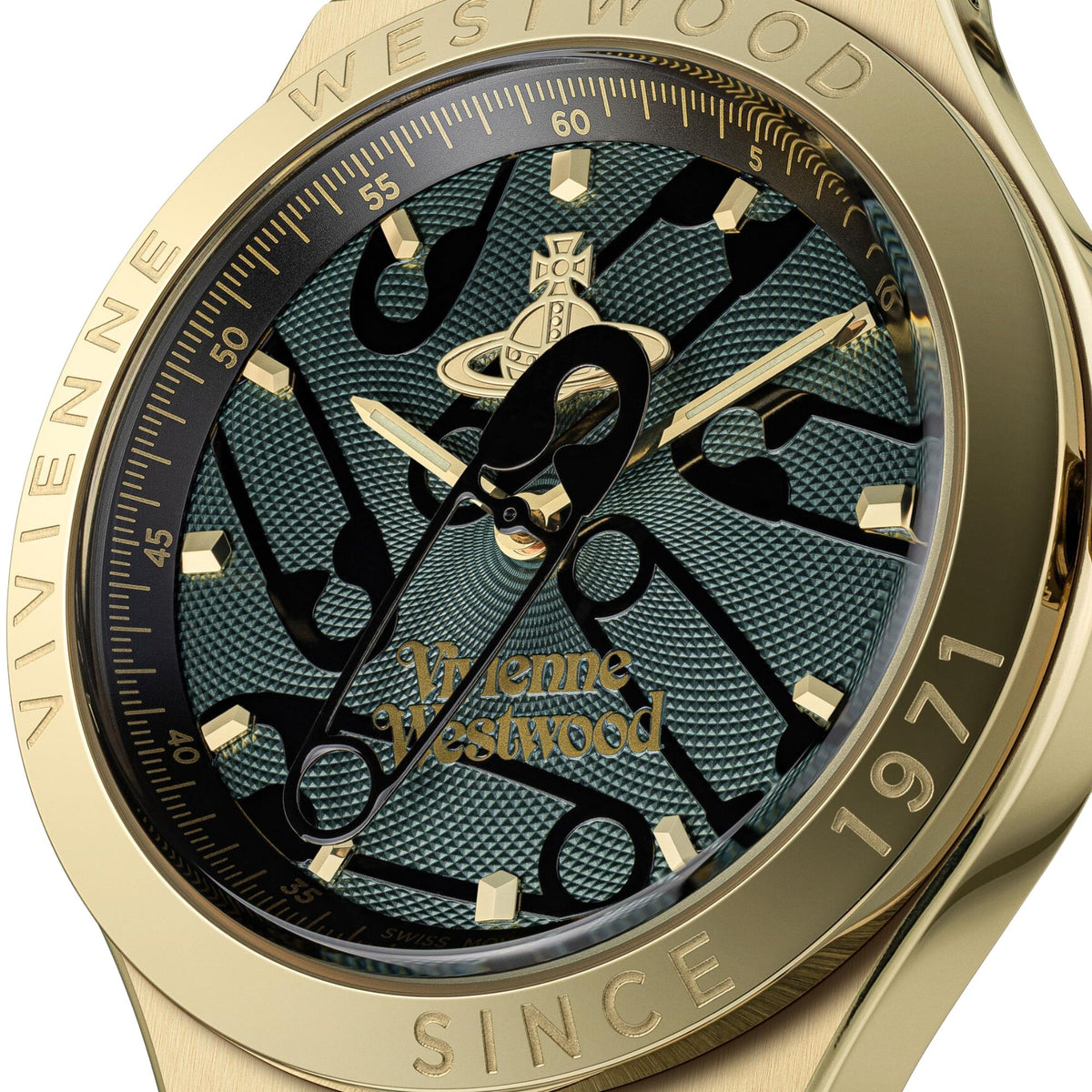 Close-up of gold-tone watch with dark green textured dial and gold logo details