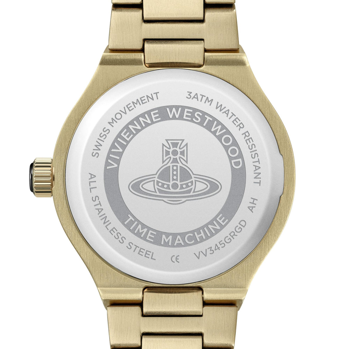 Gold-tone stainless steel caseback showing Water Resistant and Time Machine text