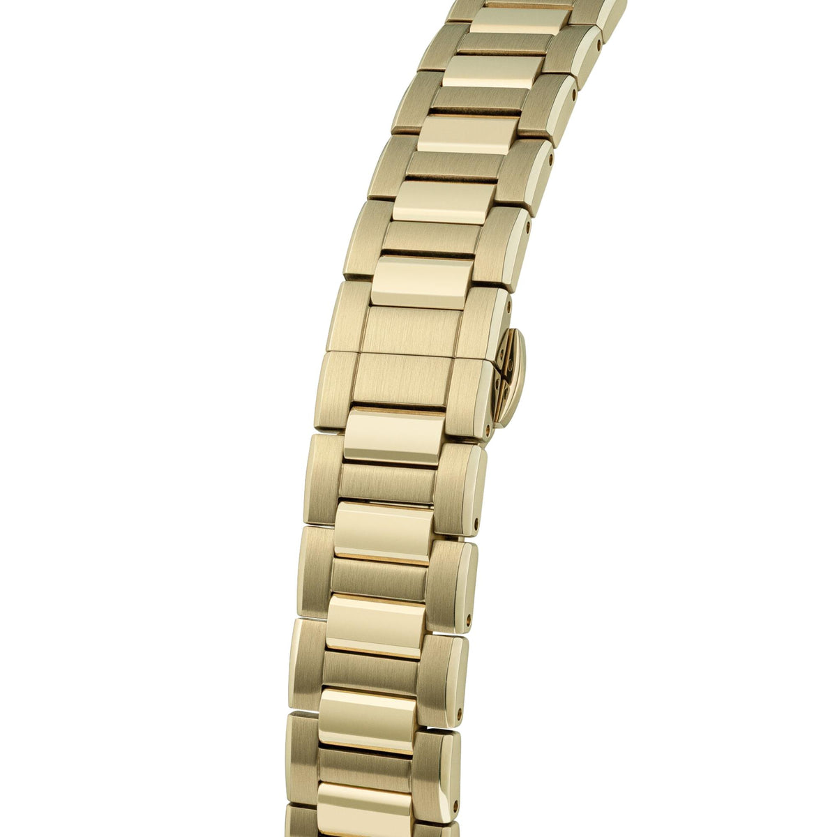 Gold-tone stainless steel watch bracelet and side profile, dial not visible