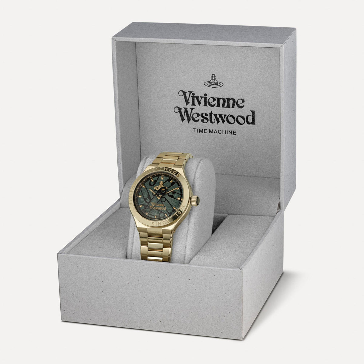 Vivienne Westwood watch in gray gift box, dark green dial and gold-tone bracelet