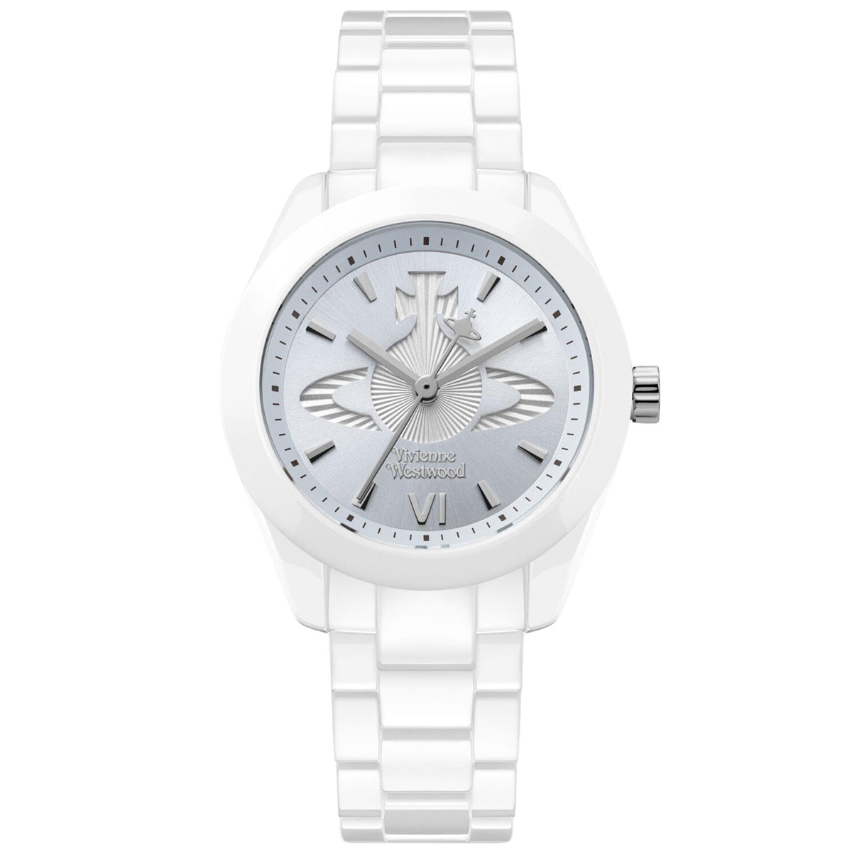 Women's ceramic quartz watch with soft blue dial and white link bracelet, analog display.