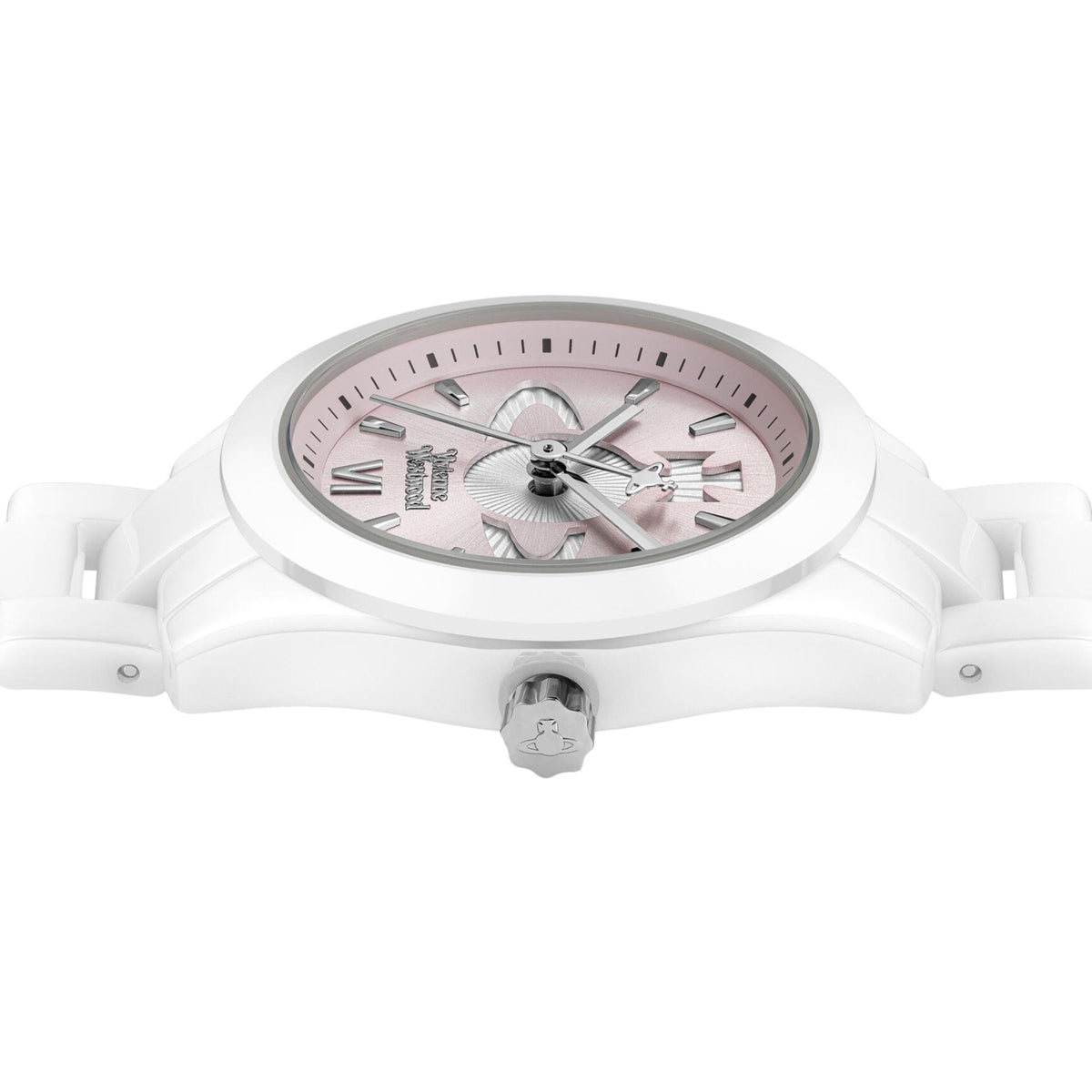 Round white ceramic watch case with pink dial and crown detail.