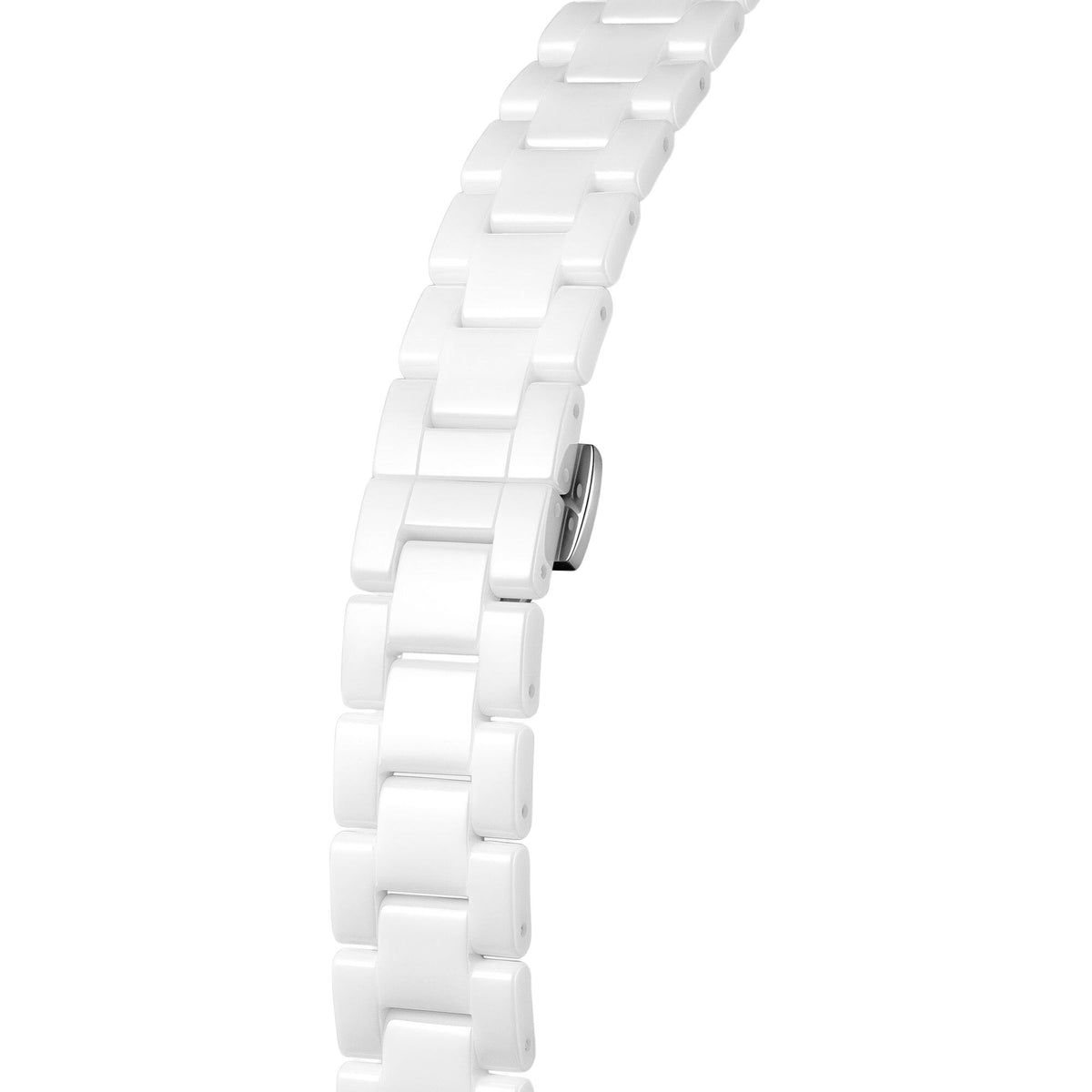 White ceramic bracelet links for a round ladies quartz watch.