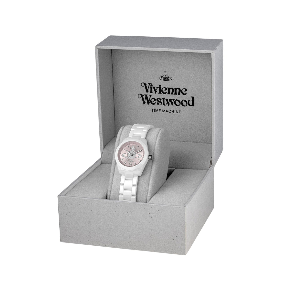 White ceramic ladies quartz watch in Vivienne Westwood gift box with pink dial.