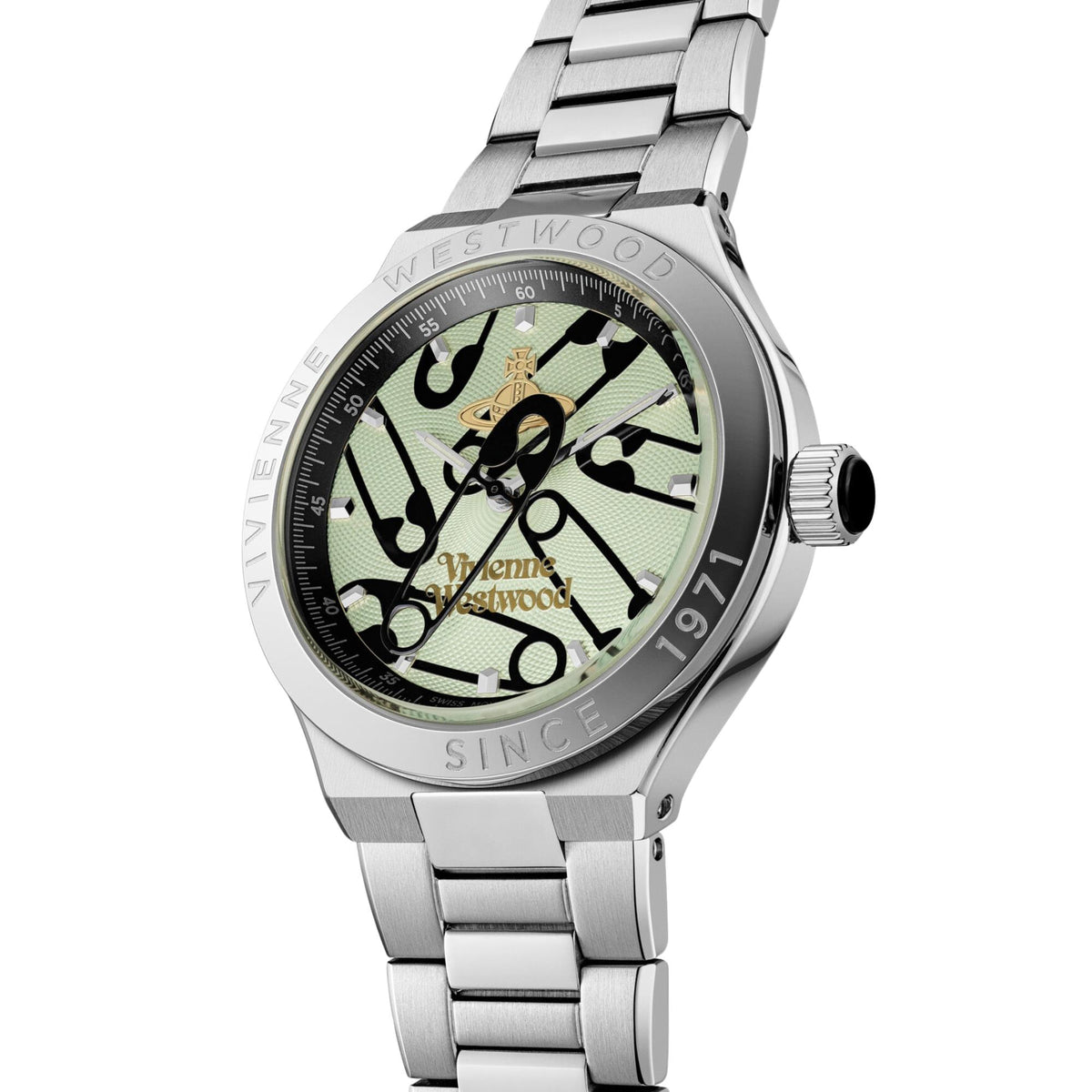 Stainless steel quartz watch angled view, green patterned dial with logo accents