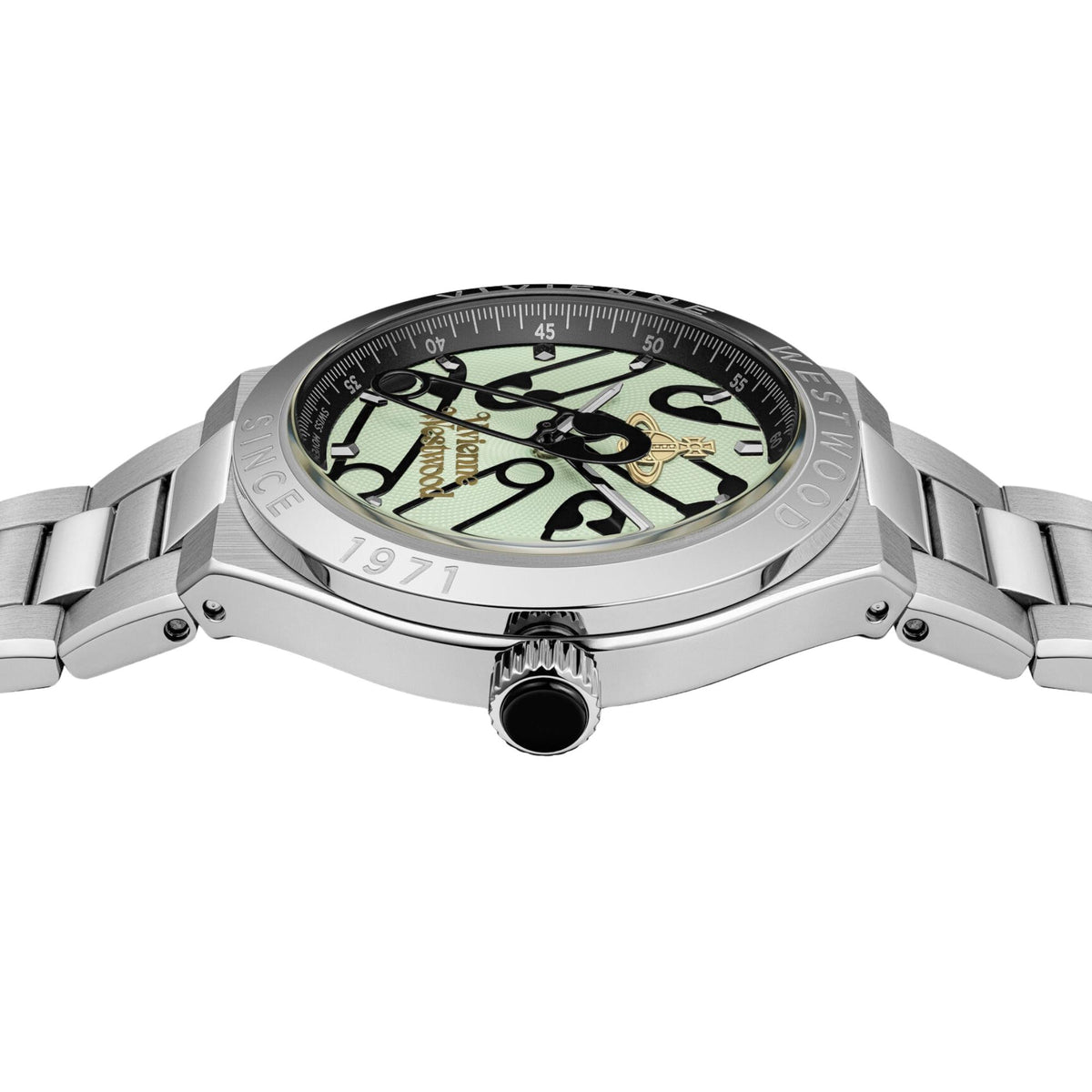 Stainless steel quartz watch case and crown, green patterned bezel dial