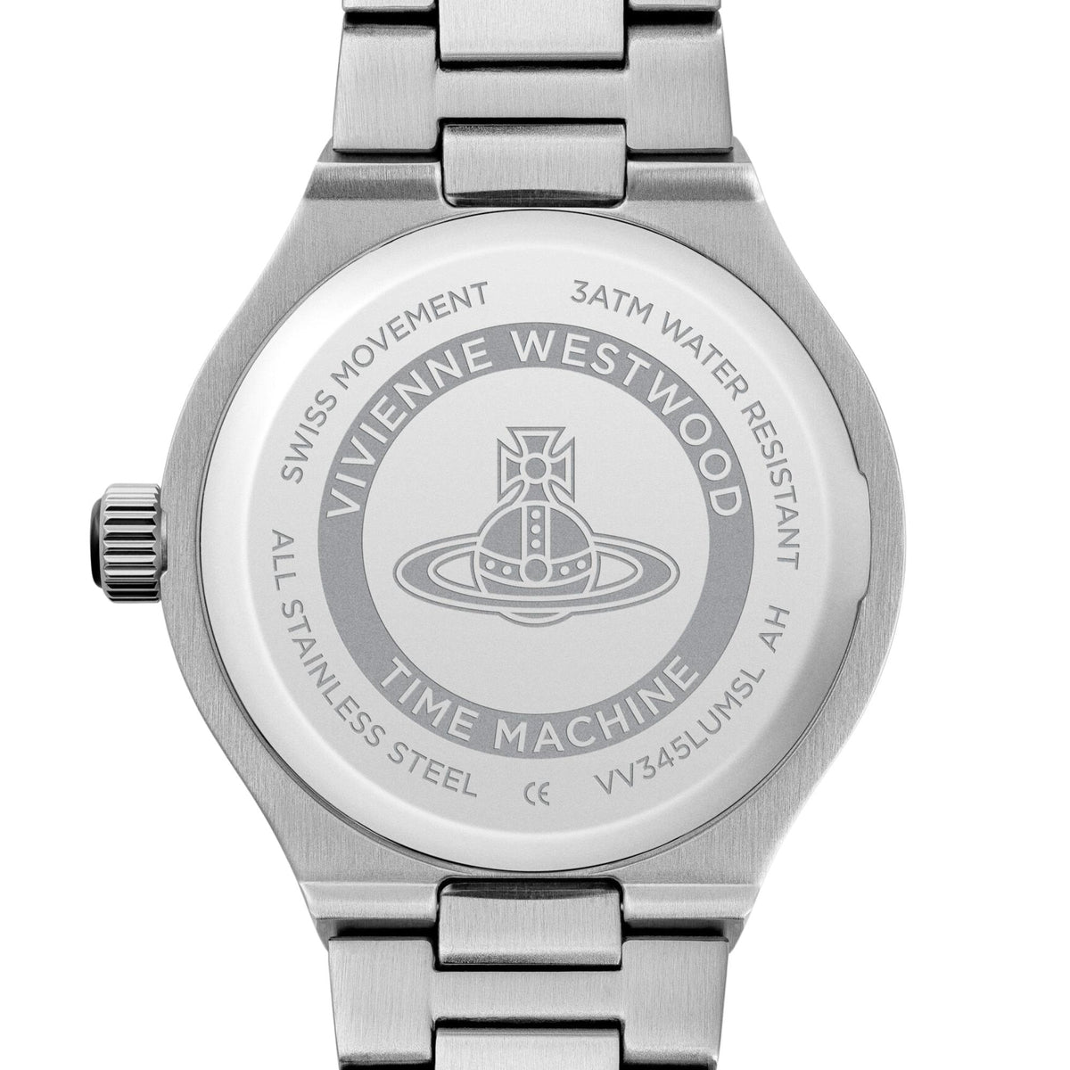 Stainless steel quartz watch case back with engraved details and water resistance text