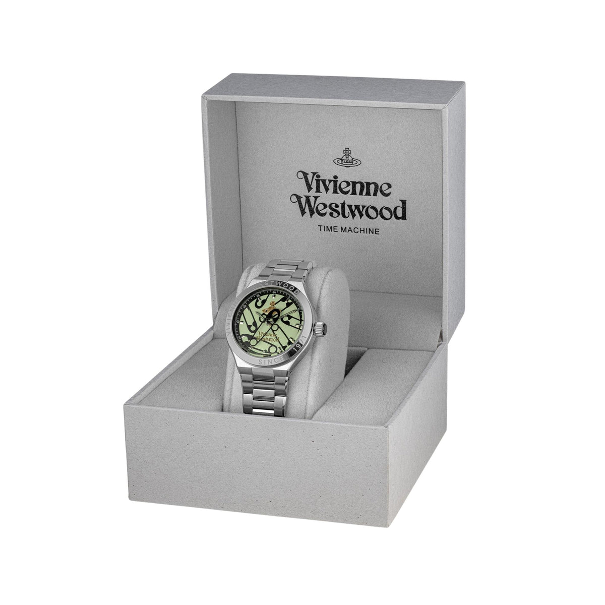 Stainless steel quartz watch in presentation box with green patterned dial
