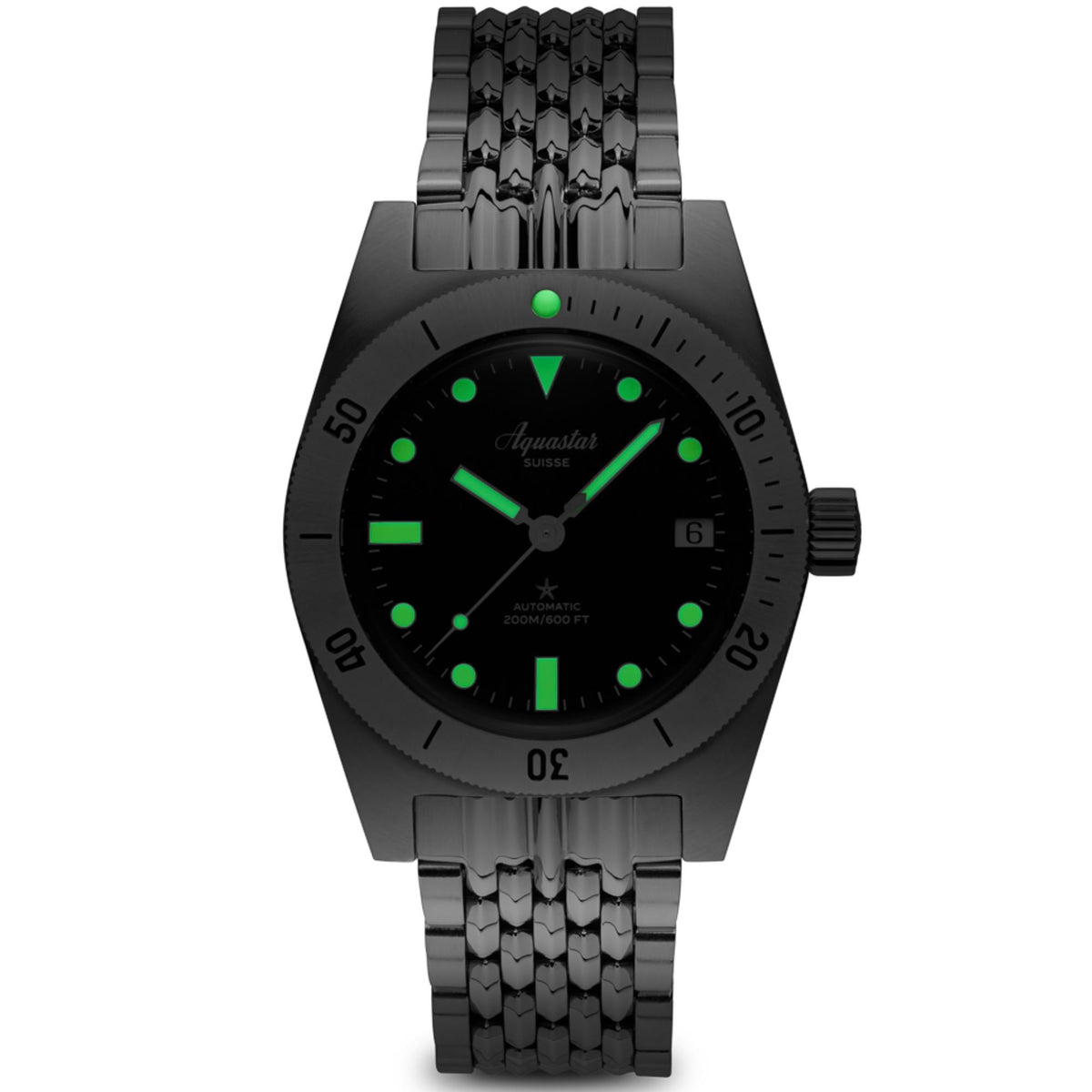 Men's automatic dive watch with dark dial and green lumed markers, black steel bracelet.