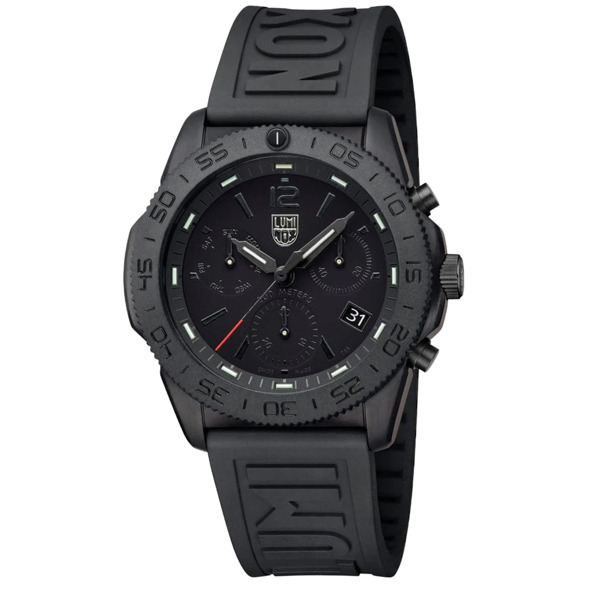 Angle view of Luminox Pacific Diver XS.3141.BO.1 all-black mens quartz chronograph watch