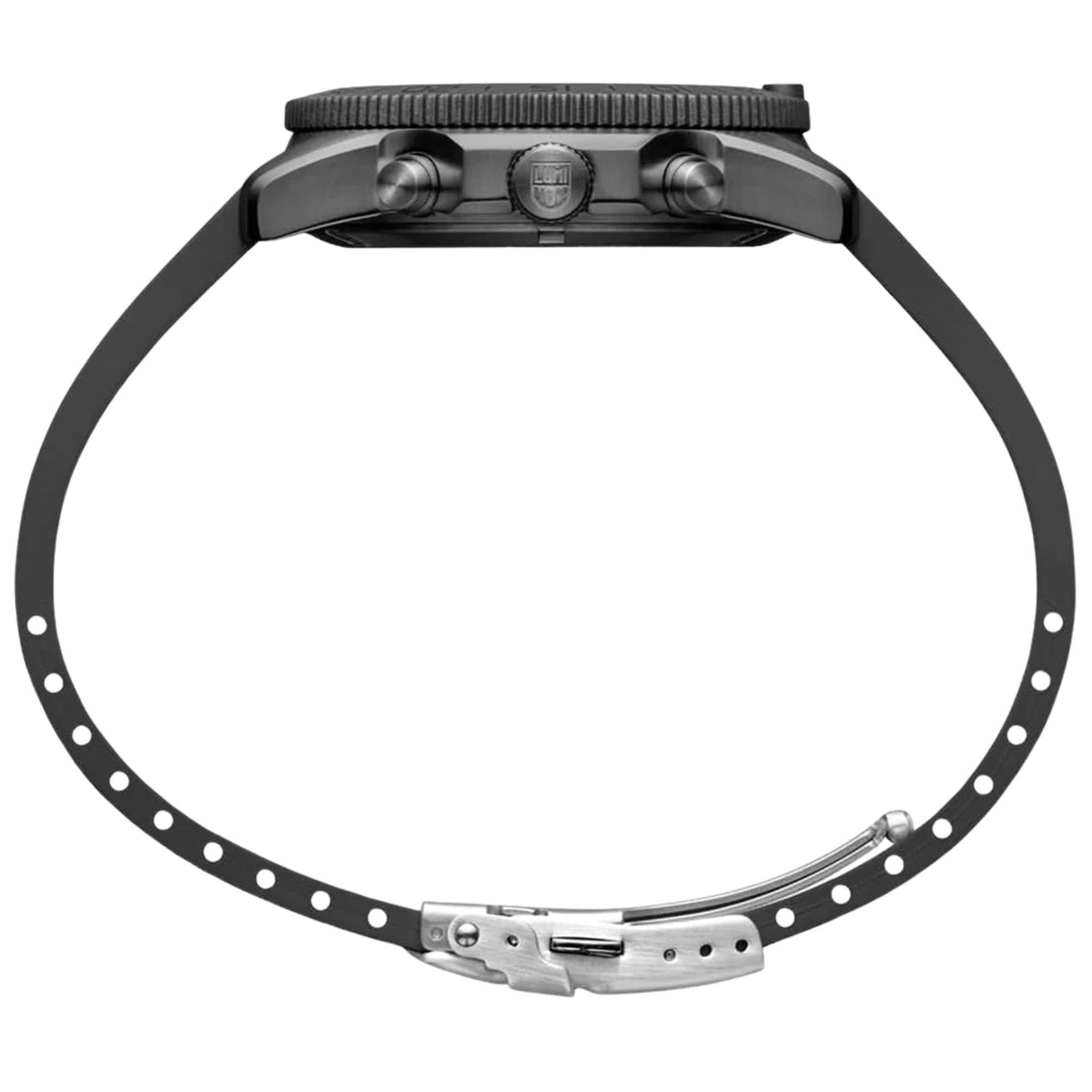 Full side profile of Luminox Pacific Diver XS.3141.BO.1 showing case thickness and folding deployment clasp