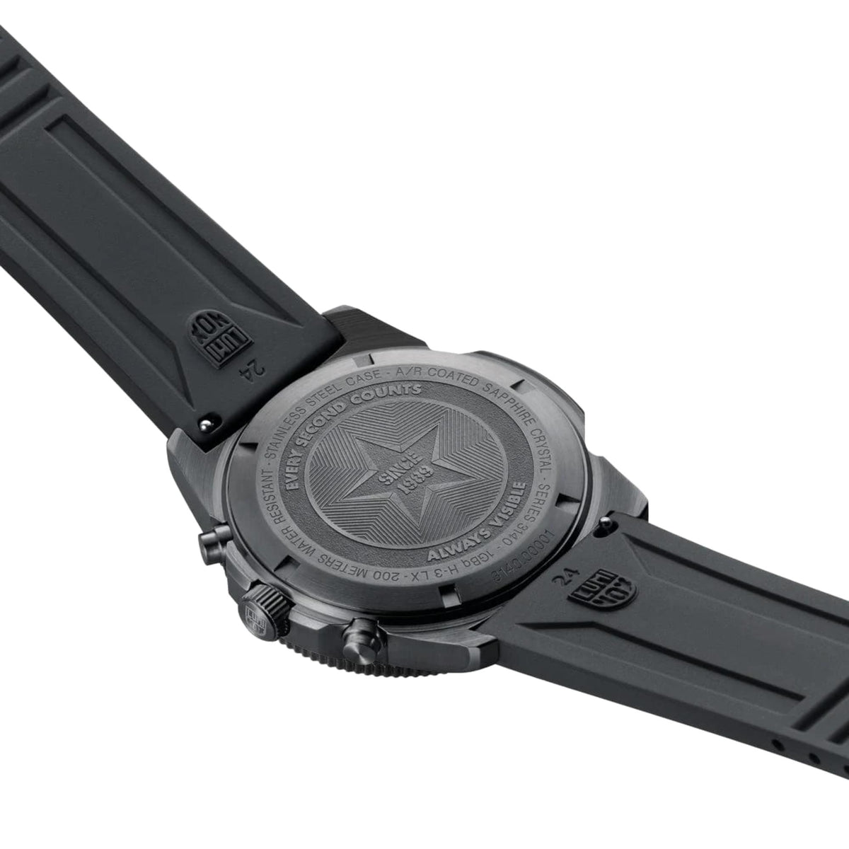 Stainless steel case back of Luminox Pacific Diver XS.3141.BO.1 showing 200m water resistance engraving
