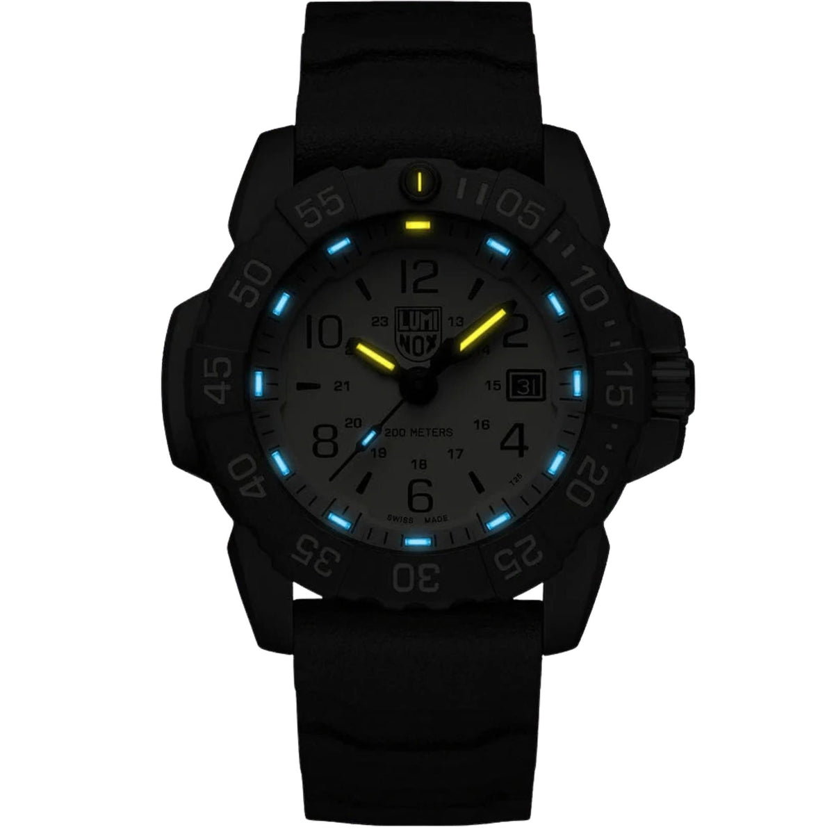 Low-light view of Luminox Navy SEAL Foundation XS.3251.CB.NSF.2 displaying self-powered tritium night vision tubes