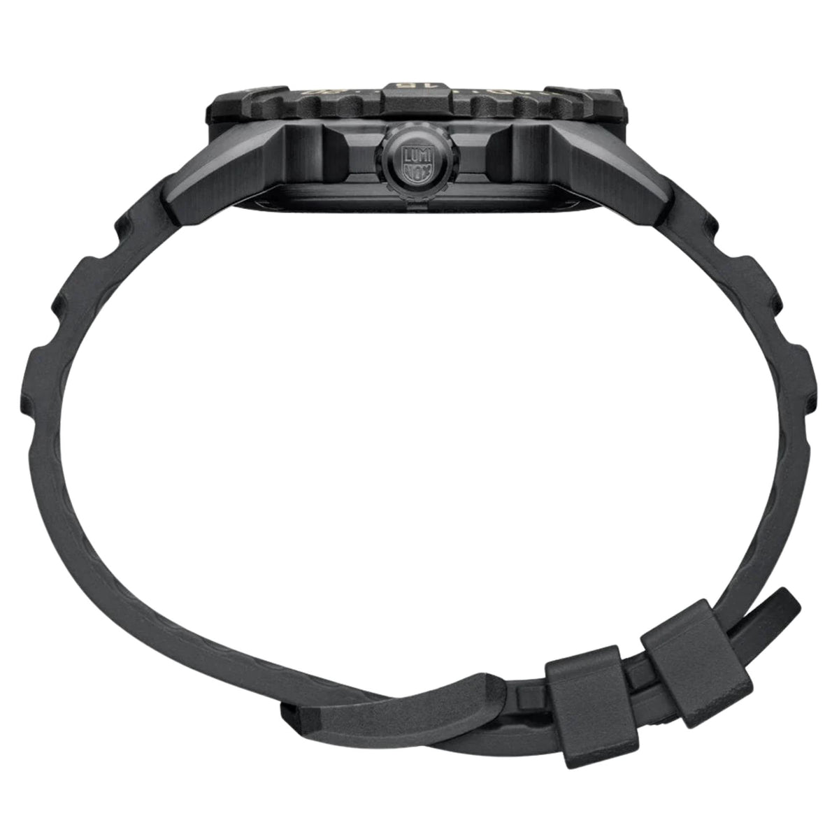 Side view of Luminox Navy SEAL Foundation XS.3251.CB.NSF.2, highlighting the black crown logo and flexible rubber strap