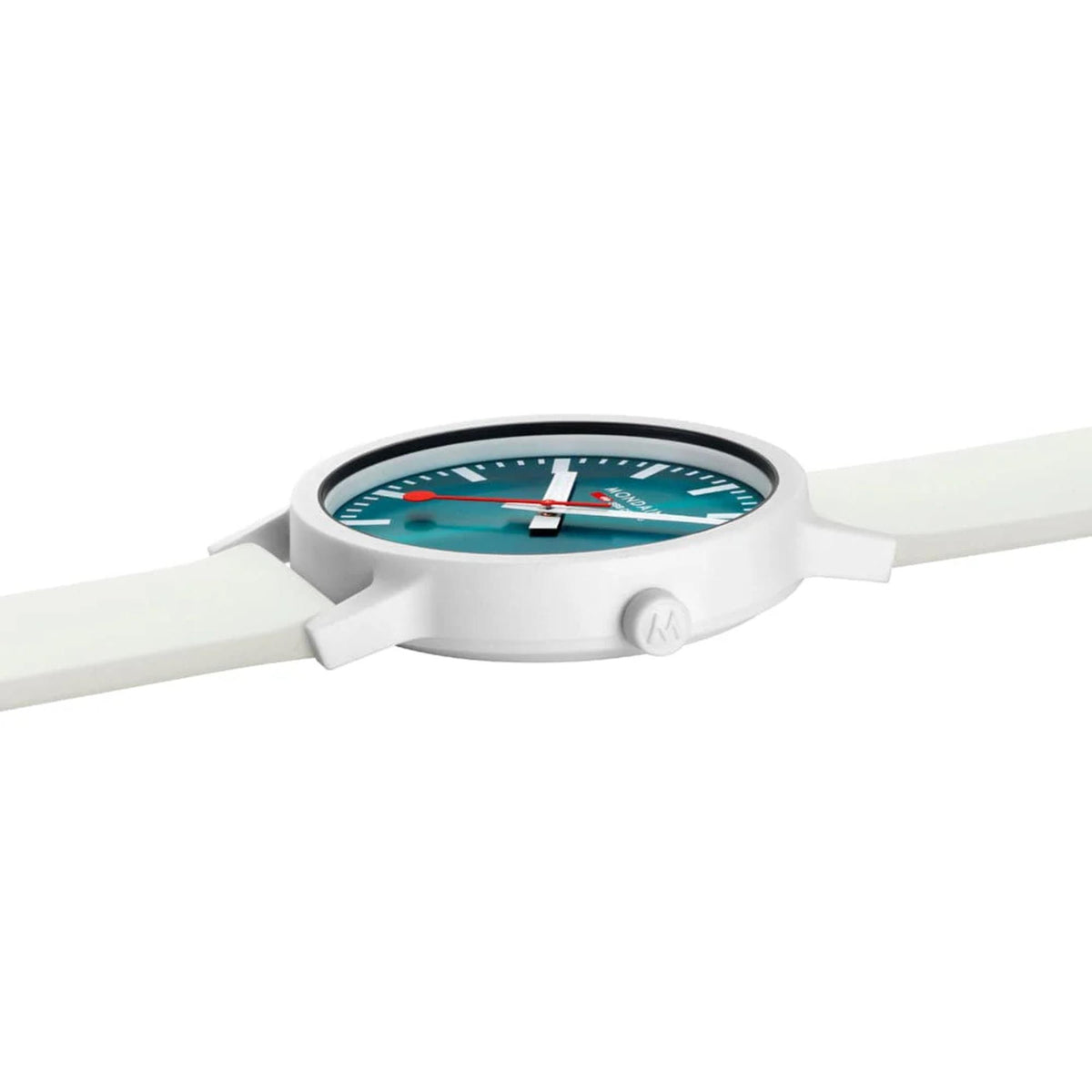 White quartz wristwatch with teal dial and red-accent hands, side profile