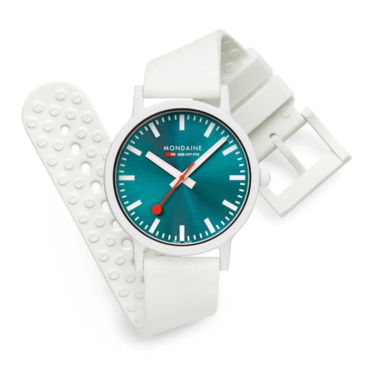 Men's quartz watch with teal dial and white silicone strap, textured back strap