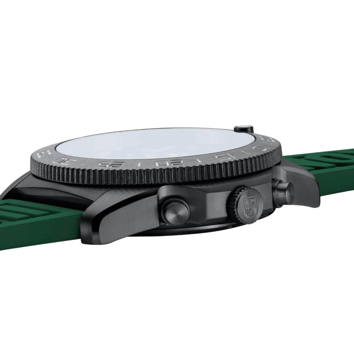 Men's diver chronograph watch side view, black case, green rubber strap, ridged bezel