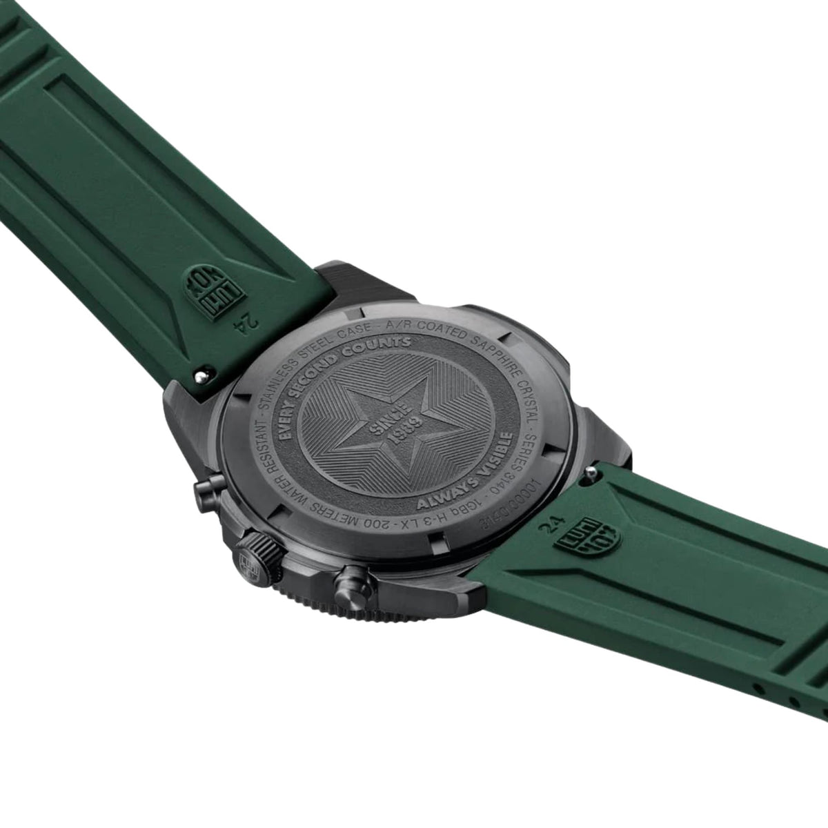 Men's diver chronograph watch caseback on green rubber strap with engraved back