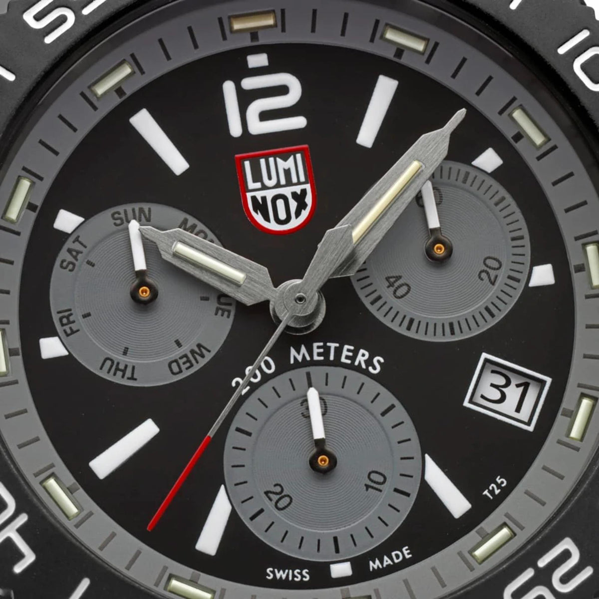 Luminox Pacific Diver chronograph dial close-up with Luminox Noctum logo and subdials