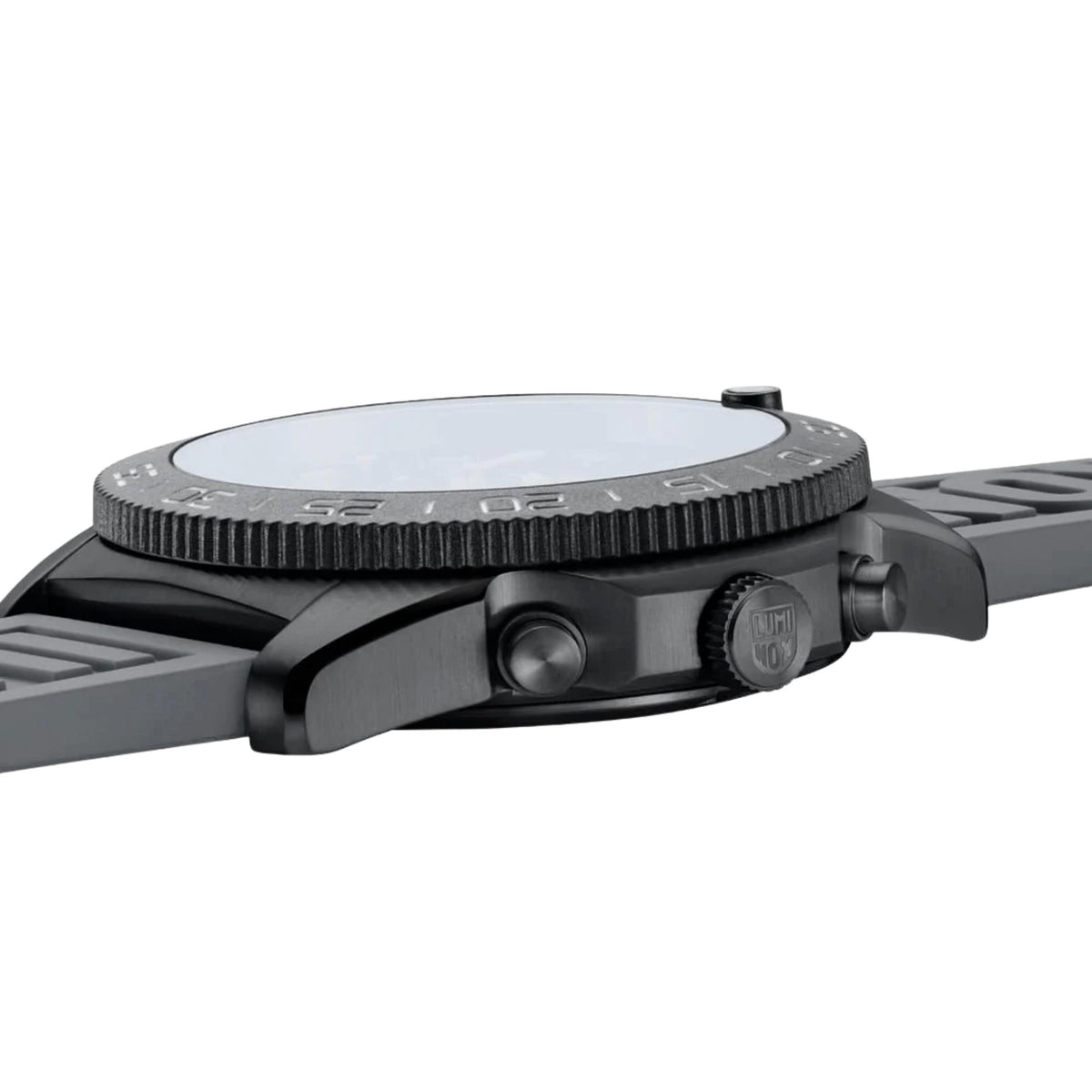 Luminox Pacific Diver chronograph watch side view, black rubber strap and crown