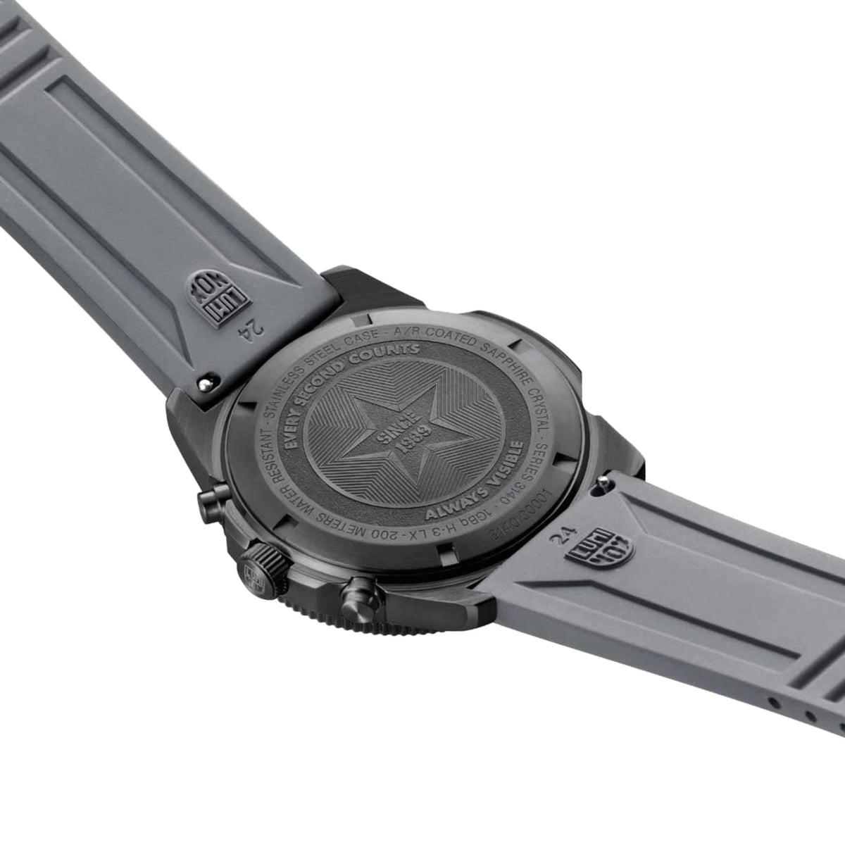 Luminox Pacific Diver watch caseback with textured metal back and rubber strap